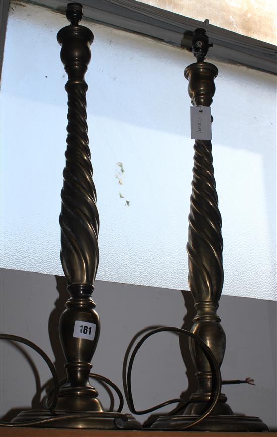 Pair brass twist column table lamps
